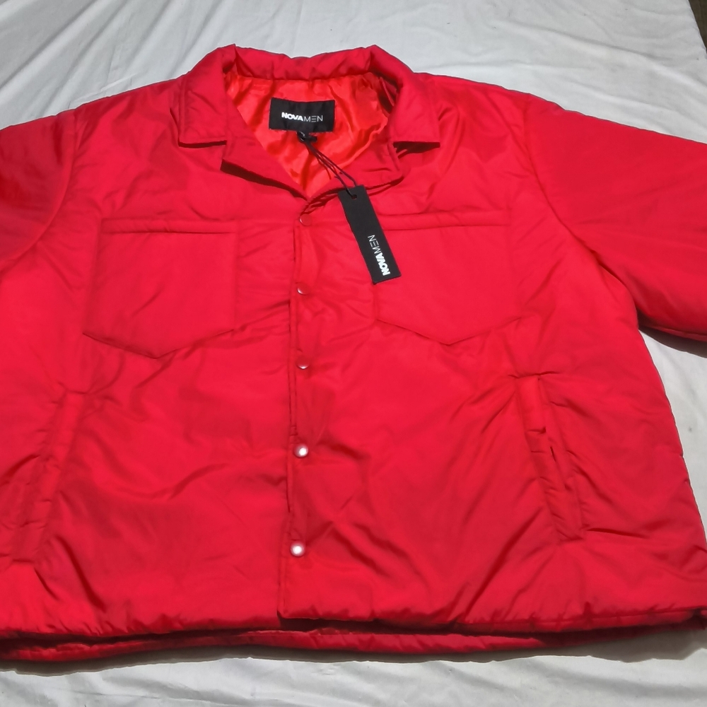 Fashion Nova Men Neon Red Short Sleeve Puffer Shirt Jacket XXL